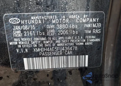 2015 Hyundai Elantra Se from USA, damaged, VIN KMHDH4AE5FU436478